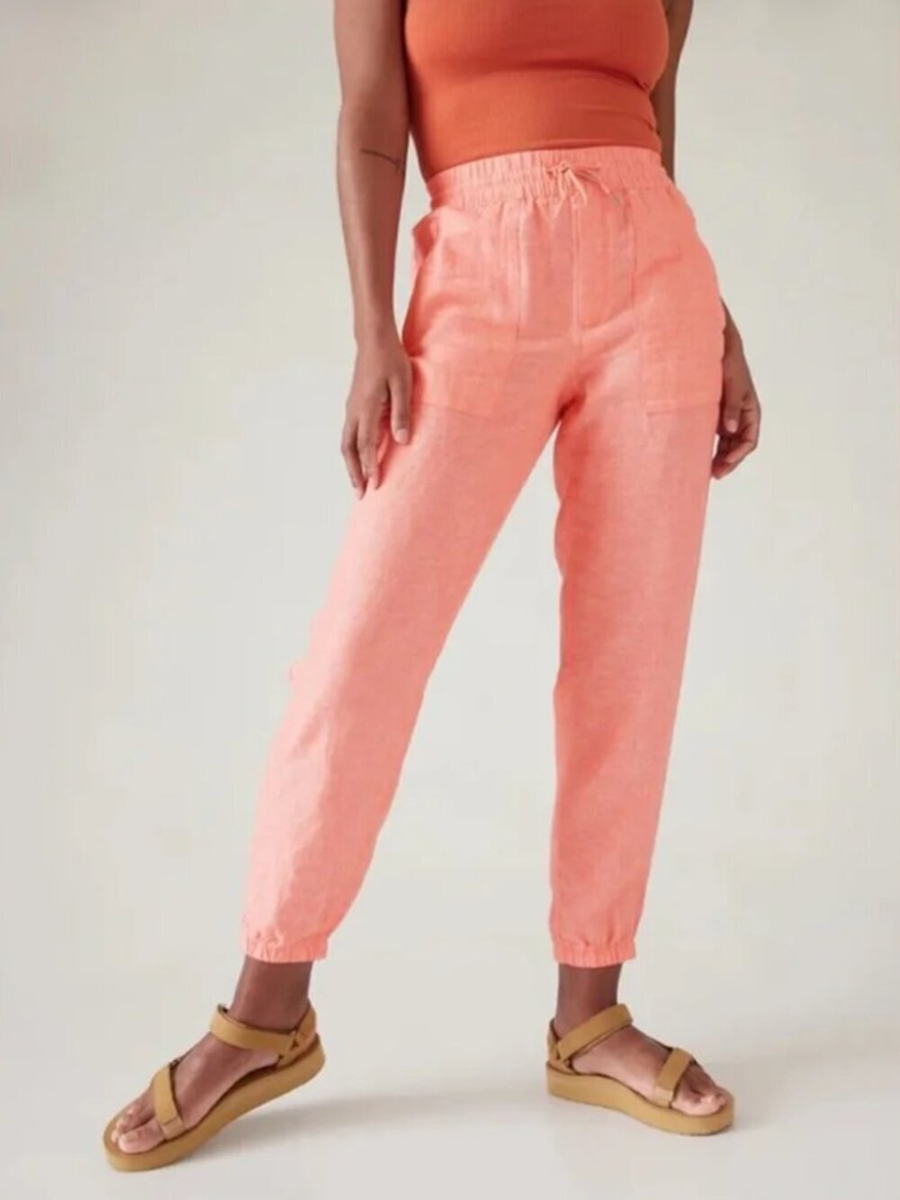NWOT Athleta Retreat 100% Linen Jogger Pants Size 12 Pull On Pockets